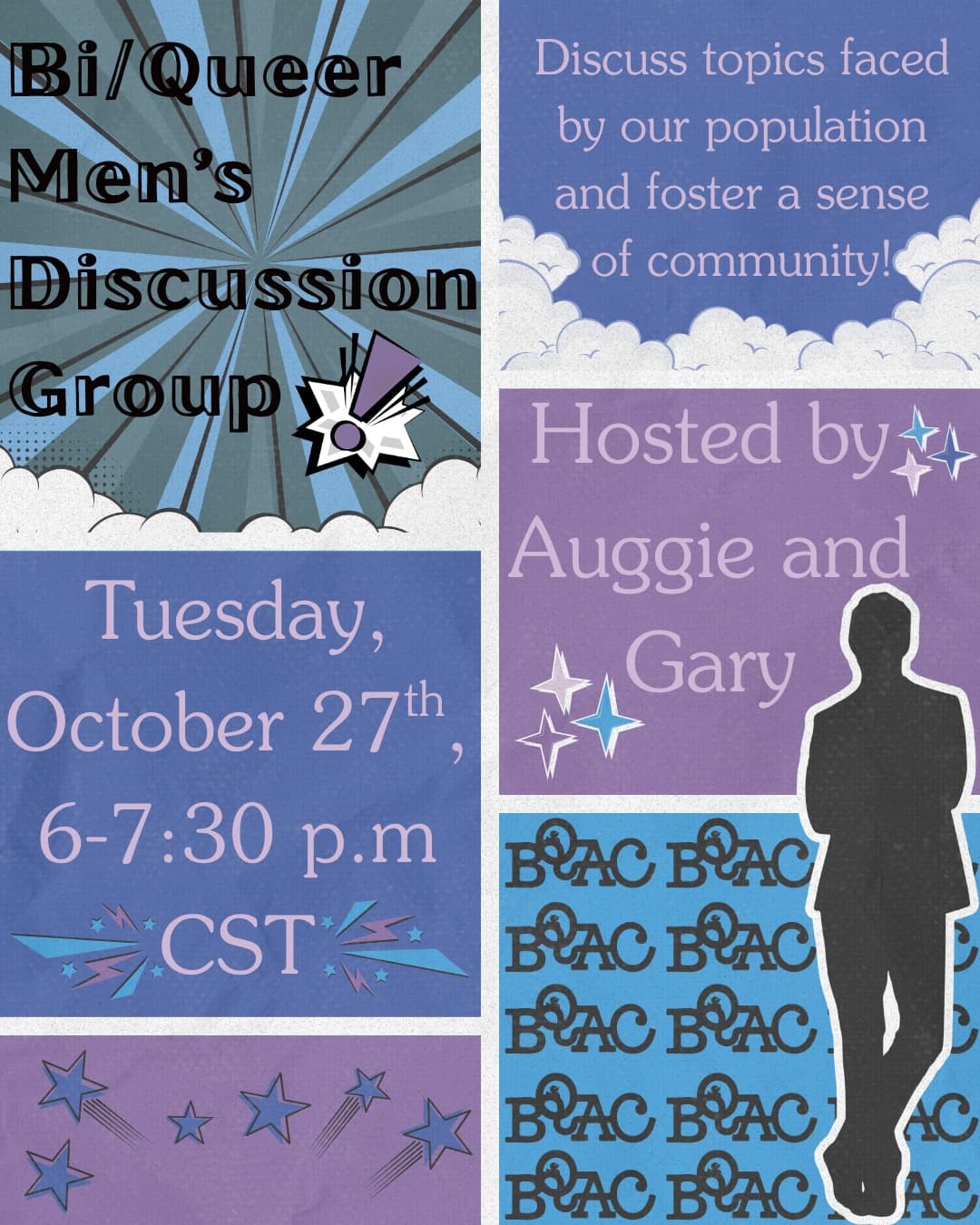 Flyer for Bi/Queer Men's Discussion Group